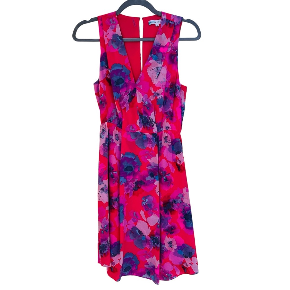 Rebecca Taylor Pink/Blue/White Watercolor Floral Sleeveless Silk Aline Dress